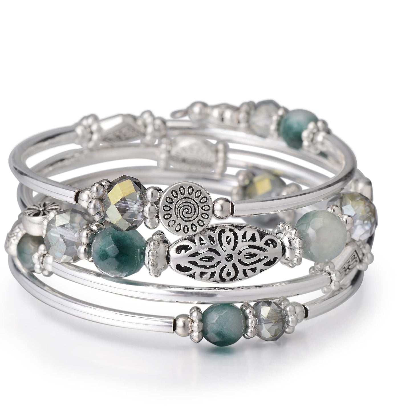 FULU AUTUMN Stackable Beaded Bracelet for Women Boho Wrap Silver Bracelet Layered Fashion Jewelry Gift (Green)