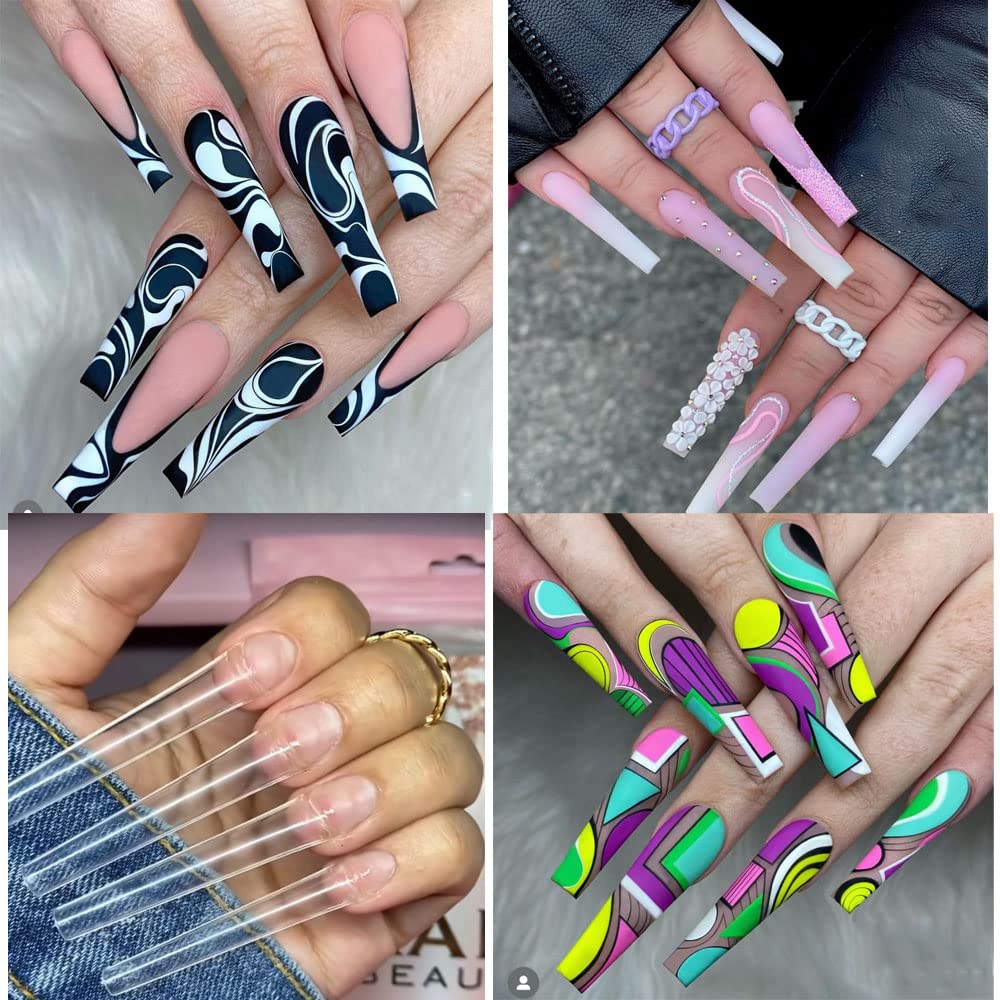 SITELENABY 500pcs Extra Long Clear Acrylic Coffin Nails - No C Curve, 10 Sizes (Coffin 500pcs) With Case