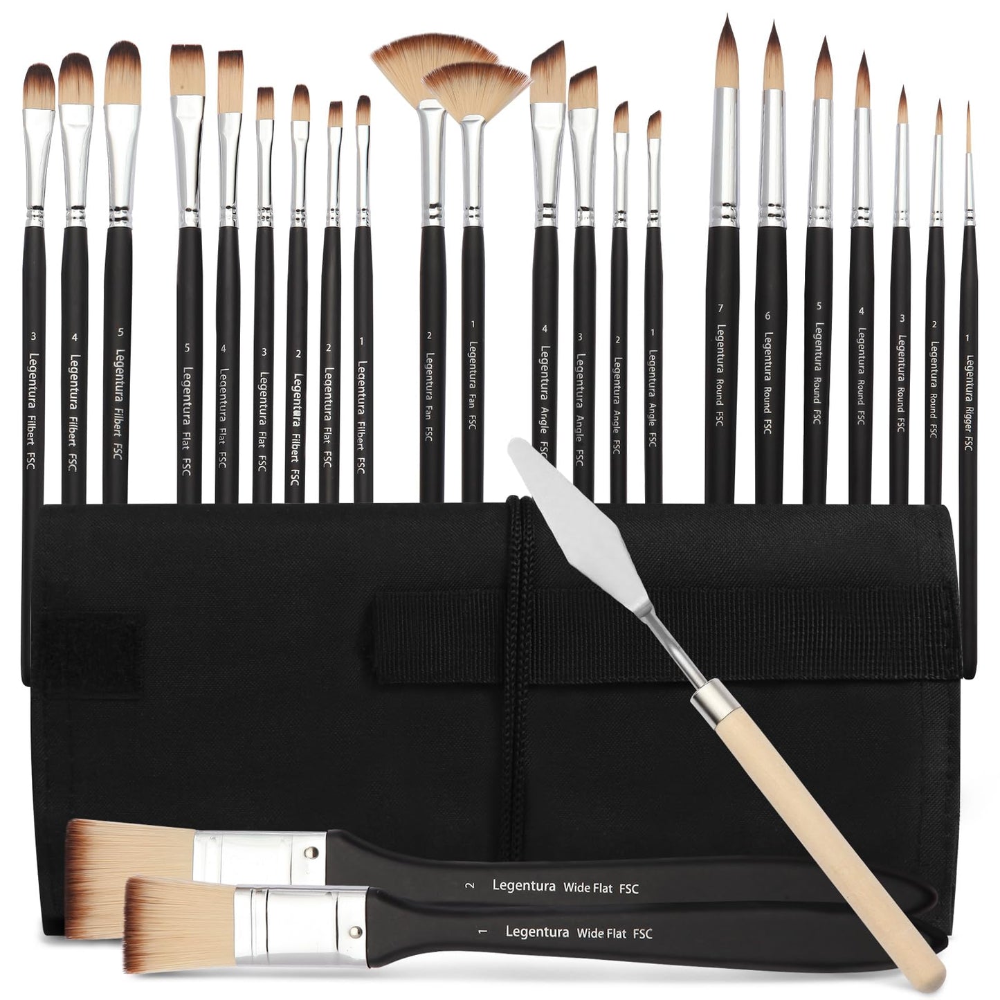 Legentura 25 PCS Paint Brush Set for Acrylic, Oil & Watercolor, Artist Brush Kit with Flat, Filbert, Fan, Round, Liner, Dagger & Angle Brushes, Synthetic Bristles, Roll-Up Case