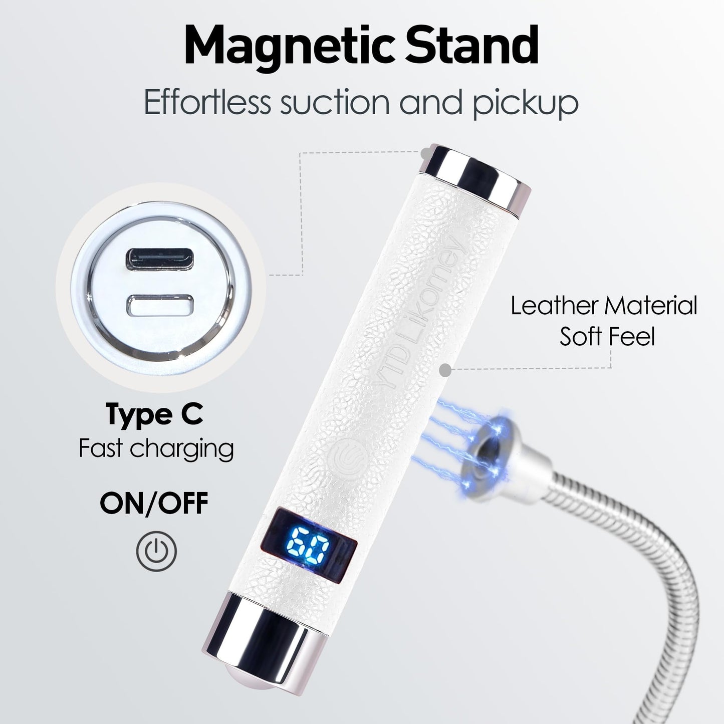 YTD Likomey Intelligent Sensor Handheld UV Light for Nail Gel with Magnetic Stand,Mini Portable Cordless Rechargeable Leather Nail Lamp with LCD Display,Fast Curing for UV Glue Builder Gel-G1 White