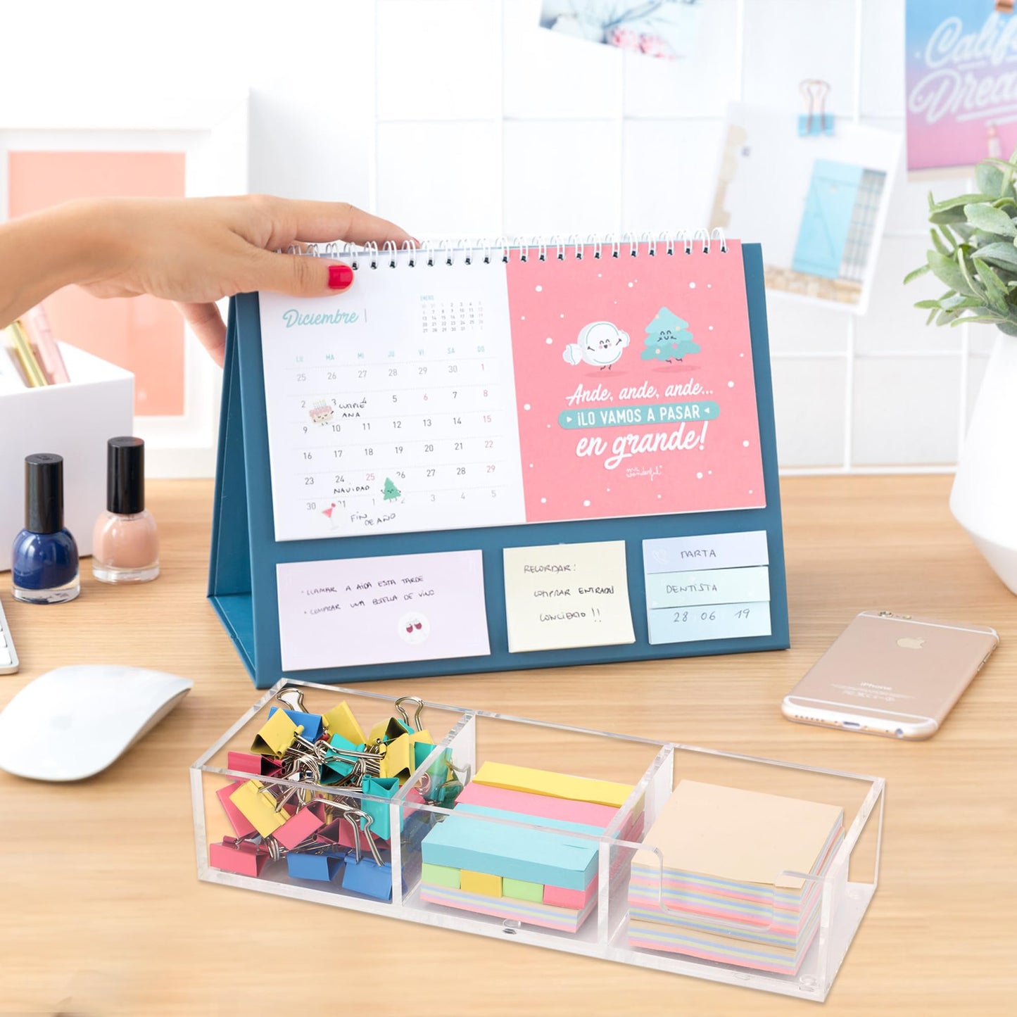 Dealpoli Acrylic 3in1 Sticky Note Holder Desk Organizer, 11.8" x 3.94" x 2.36" Self-Stick Memo Pad Dispenser for School Office Home Post Bank with 3 Compartments (DP003)