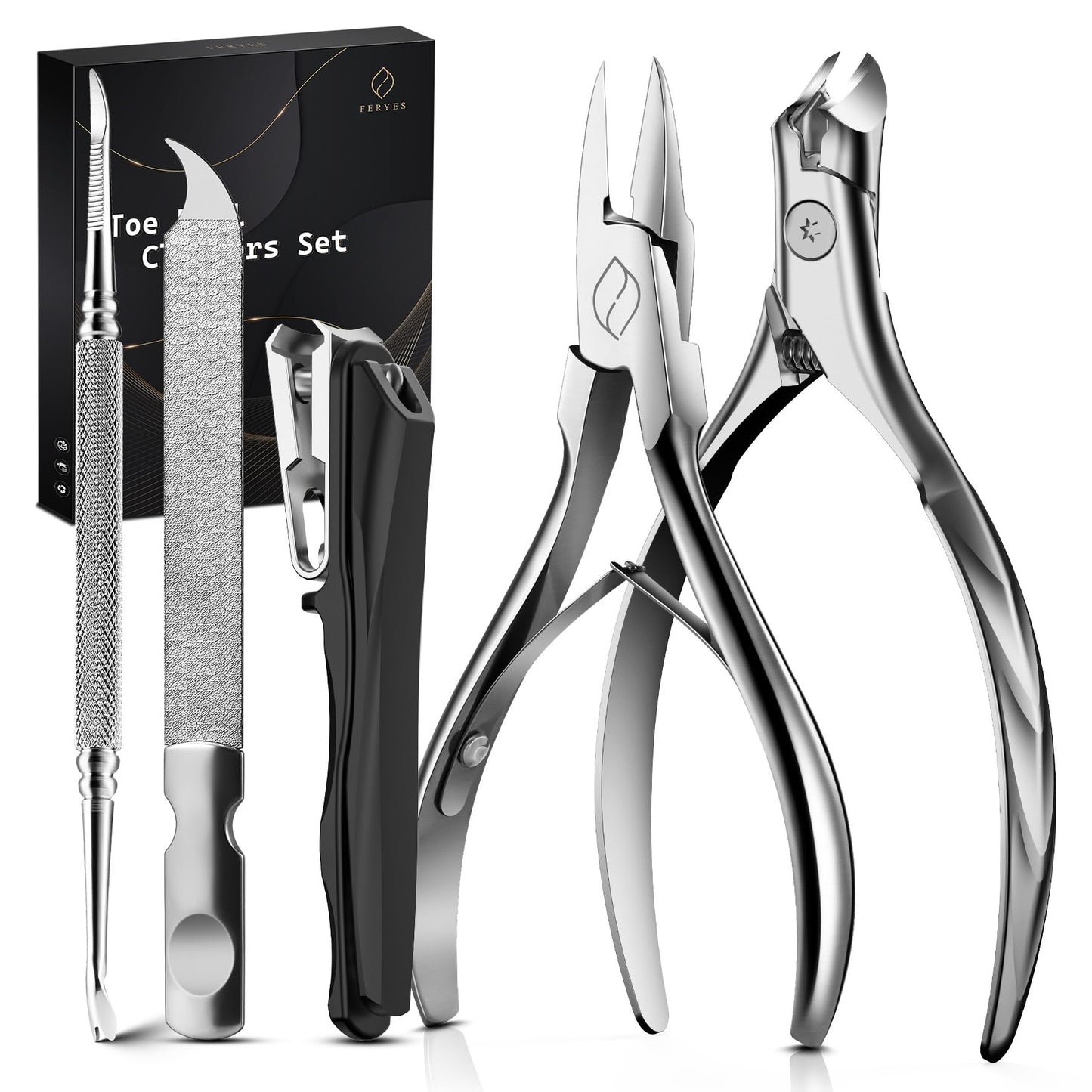 FERYES 5PCS Toenail Clippers Long Handle Clipper for Thick Nails, Straight Blade Clipper for Ingrown Nails, 360° Rotating Jaw Nail Clipper, Cuticle Fork, and Nail File