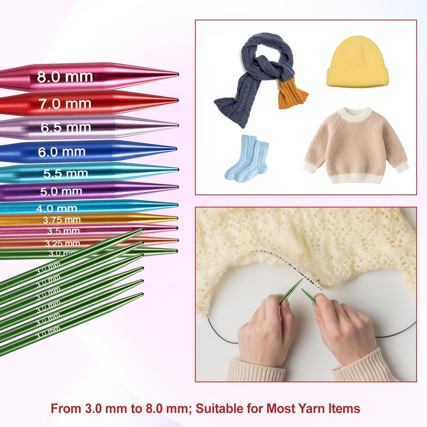 Hoowen Short Interchangeable Knitting Needles Set, 2-Inch Metal Circular Knitting Needles Kit for Beginners, 12 Pairs, Size US 2.5, 3, 4, 5, 6, 7, 8, 9, 10, 10.5, 11 with Case, Cables & Accessories