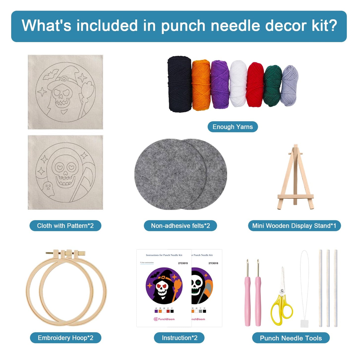 Halloween Punch Needle Kit for Adults Beginners, Easy Punch Embroidery Starter Set with Instruction, Fun DIY Needle Point Craft for Home Decor & Holiday Gift Idea(2pcs Skull Witch & Grim Reaper)