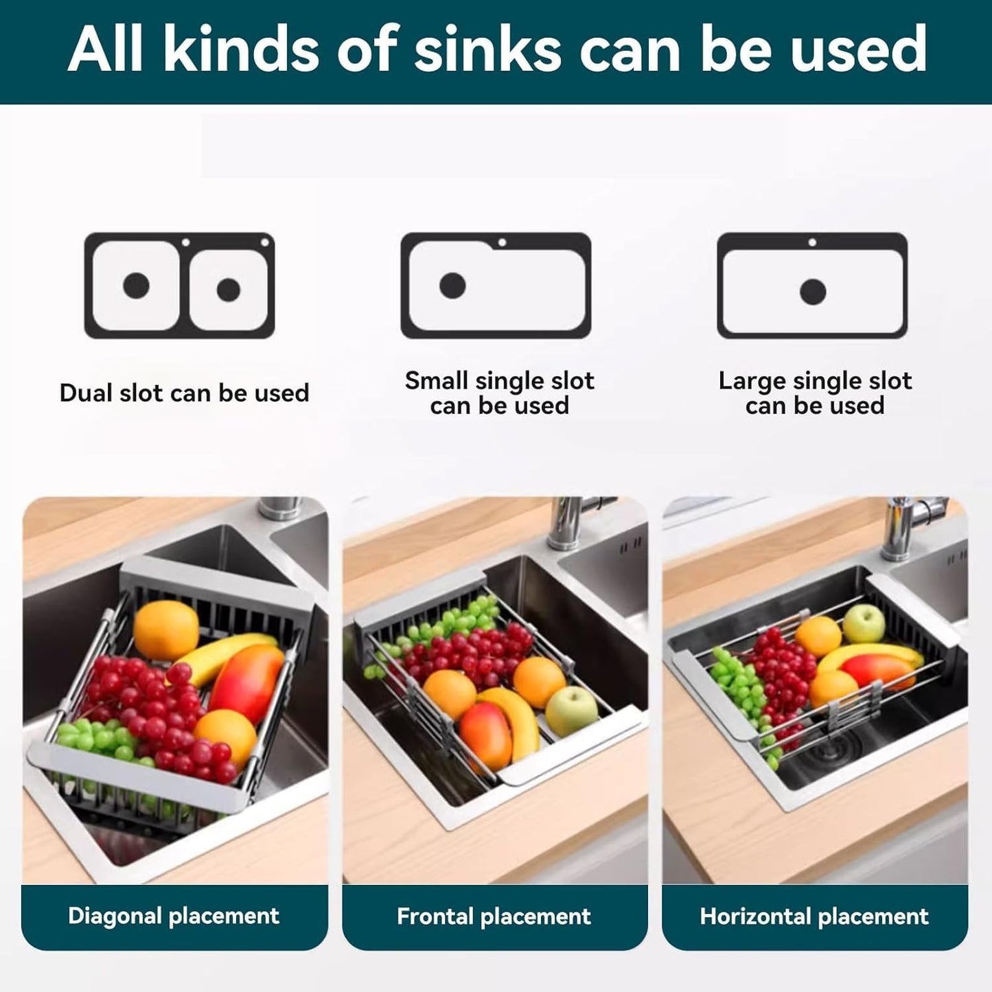 Adjustable Dish Drying Rack with Stainless Steel Drain Basket Over-The-Sink - Portable & Telescopic Space-Saving Solution for Fruit Vegetable