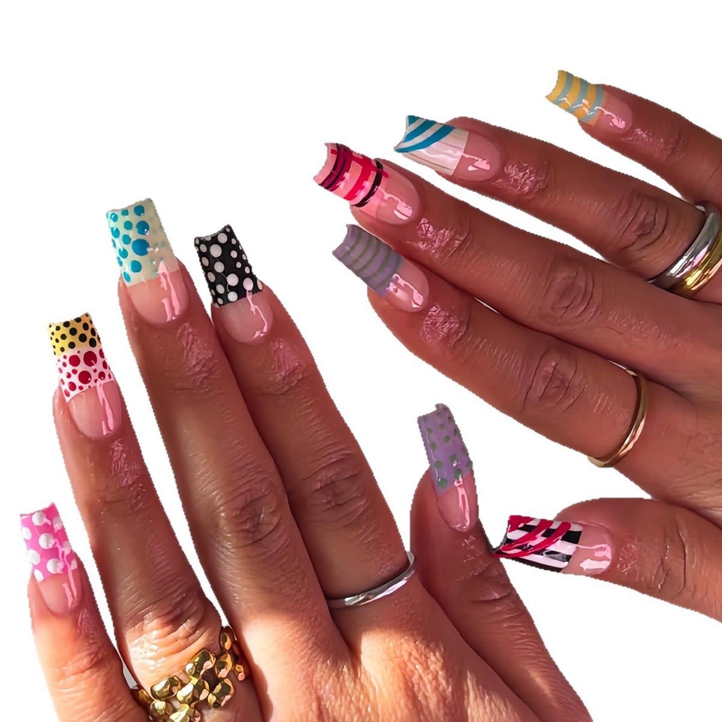 Long Press on Nails Square Fake Nails Multicolor Artificial Nail with Polka Dot Striped French Tip Beach Stick on Nail for Women 24pcs