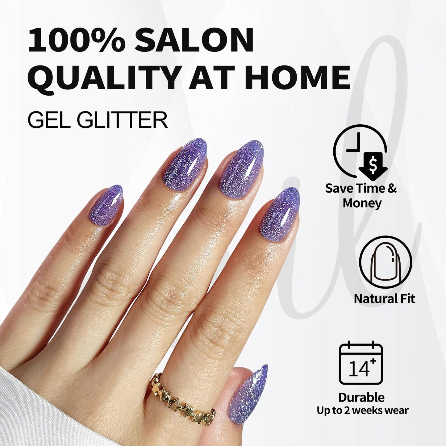 Purple Glitter Press on Nails Almond Short with Sparkling Diamond - SHANGMENG Soft Gel Spring Fake Nails for Women Gift, Glossy Stick on Nails with Glue in 16 Sizes - 32 Reusable Nails, Lavender