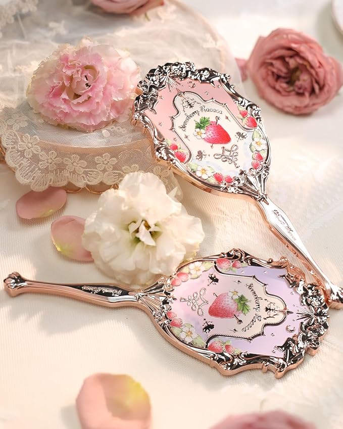 Flower Knows Violet Strawberry Rococo Hand Mirror,Vintage Portable Handheld Mirror,Fancy & Pretty Princess Mirror with Long Handle,Gift for Girls(Wisteria Purple)