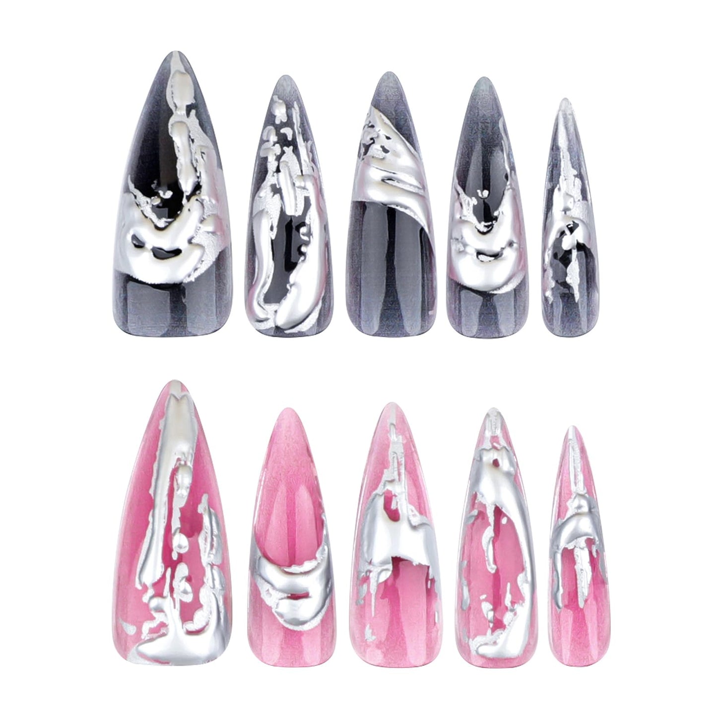 MISUD Press on Nails - Long Stiletto Glue on Nails with Goth Pink Black, Acrylic 3D Silver Chrome Design 24 pcs