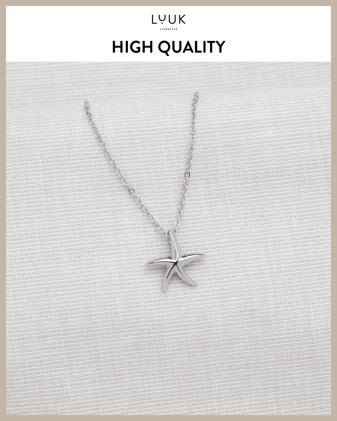 LUUK LIFESTYLE Cute Starfish pendant necklace, stainless steel, 14k silver plated, 19in adjustable, waterproof, non-tarnish thin sturdy chain, for beach vacation, with HAPPINESS Gift Card