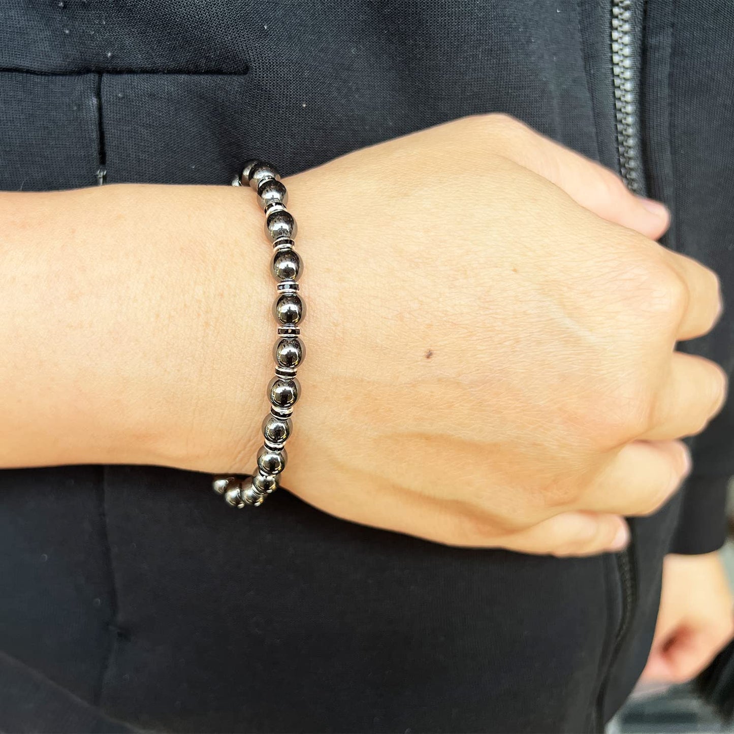 Apocalyptic-K Women's Magnetic Bracelet，Hematite Bracelets，Magnetic Bracelets With Zirconia,Handmade Stretch Bracelet，Eliminates static electricity. (Black Zirconia,6MM)