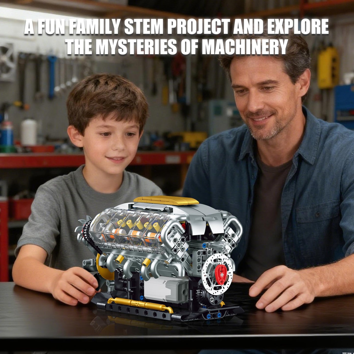 BseSparklion V8 Engine Model Kit that Runs, Build Your Own Mini Visible Car Motor, Physical Science Experiment Building Set for Adults & Teens, STEM Toy Gift for Boys 14+ (703 PCS)
