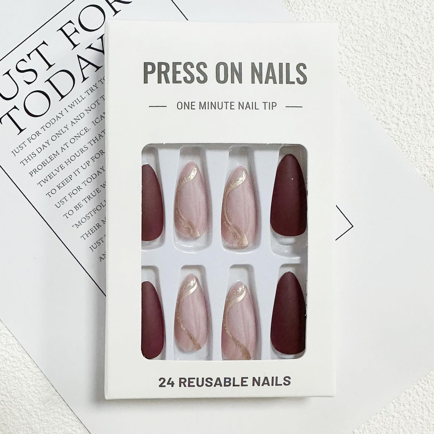 Almond Press on Nails Medium Fake Nails with Designs Marble Texture False Nails Press ons Reddish Brown Matte Glue on Nail Acrylic Full Cover Nail Artificial Stick on Nails for Women 24PCS