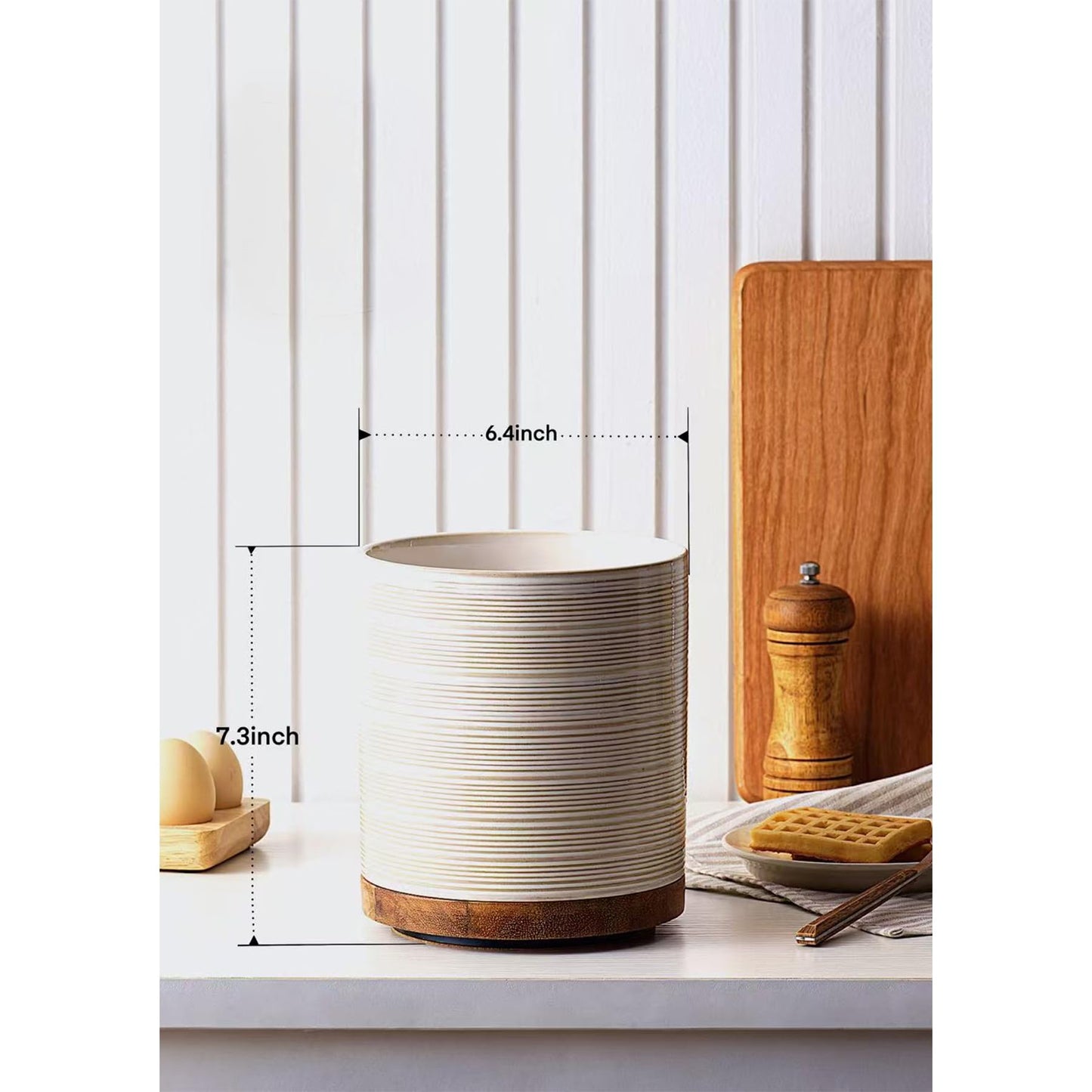 Utensil Holder, 360° Rotating Extra Large Ceramic Kitchen Utensil Holder for Countertop, 7.3“ Cooking Utensil Crocks for Kitchen Counter with Rotatable Wooden Base, Farmhouse Decor, Arctic White