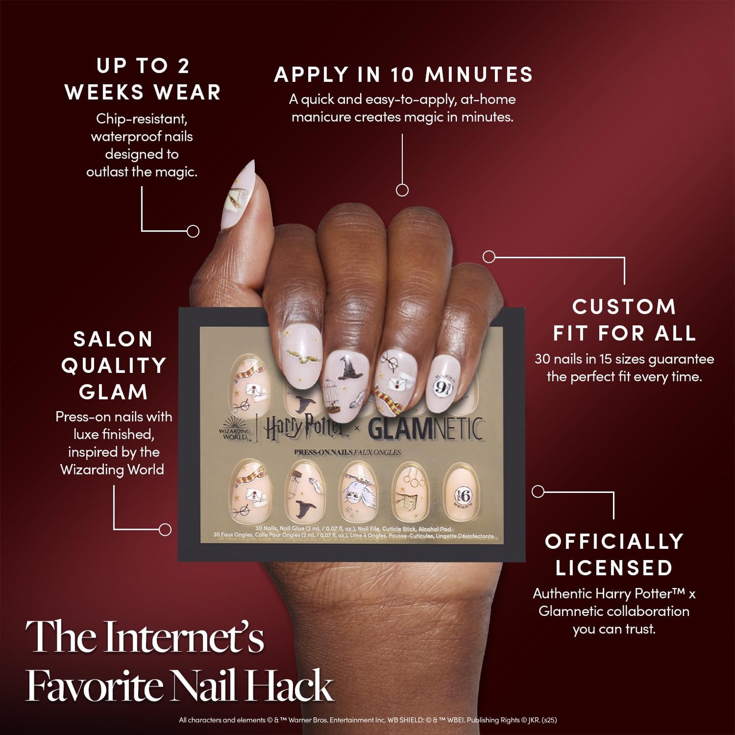 Harry Potter™ x Glamnetic Press On Nails - Hogwarts™ | Semi-Transparent Multi Graphic Short Oval Fake Nails in a Glossy Finish | 15 Sizes - 30 Nail Kit with Glue