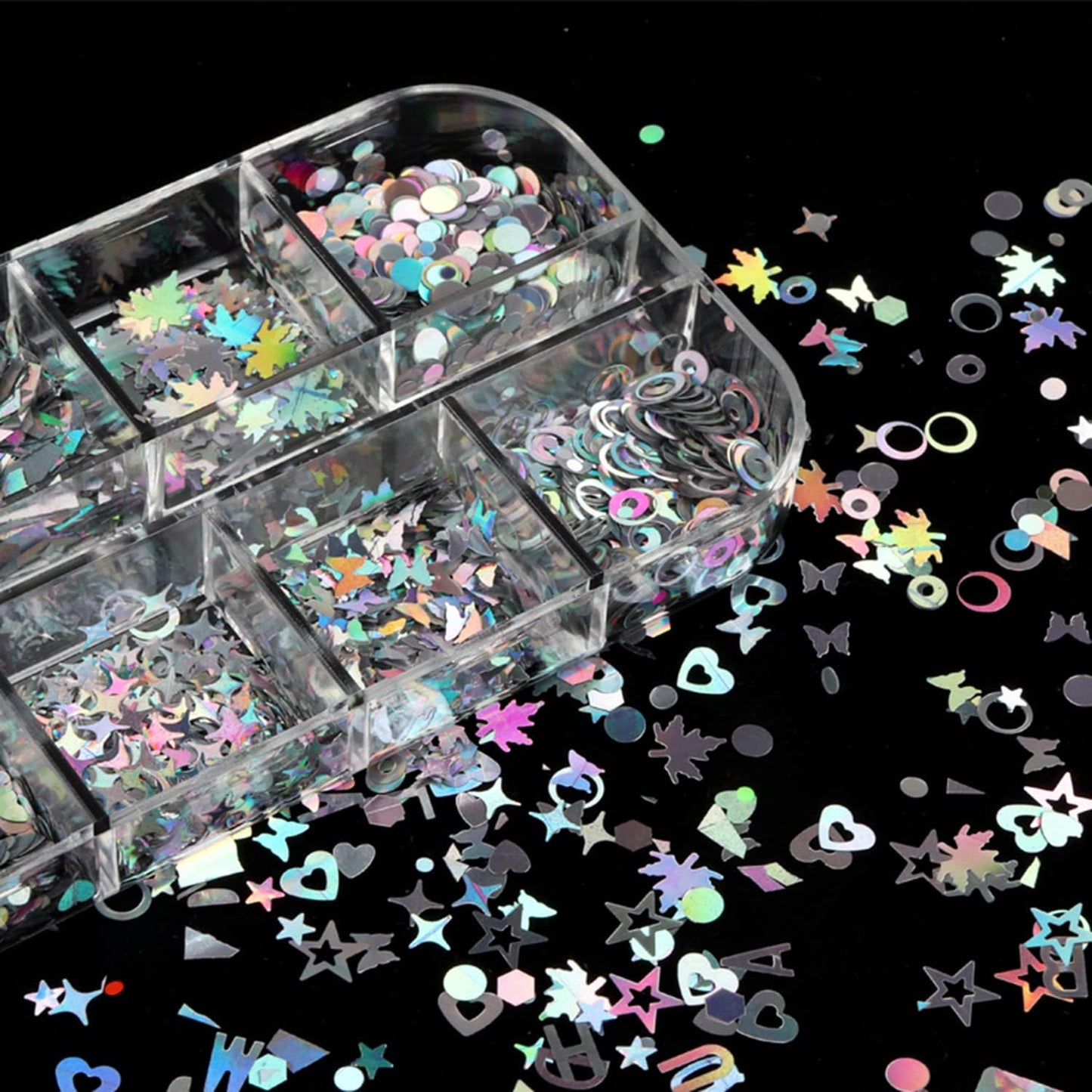 Vezocim Silver Glitter Nail Flakes Holographic 3D Glitters Sequins Decorations, Heart Circle Letters Butterfly Design Supplies DIY Sparkly Resin Nail Art Tips