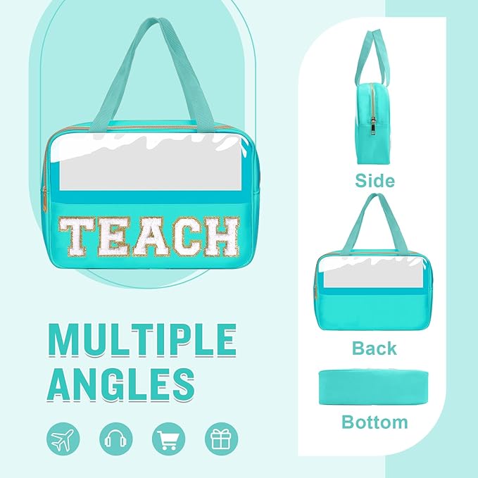 Teacher Appreciation Gifts Chenille Letter Clear Makeup Bag TEACH Pouch, Preppy Waterpoof Makeup Cosmetic Bag with Zipper Graduation Retirement Birthday Teacher Essentials Gifts for Women(TEACH-Green)