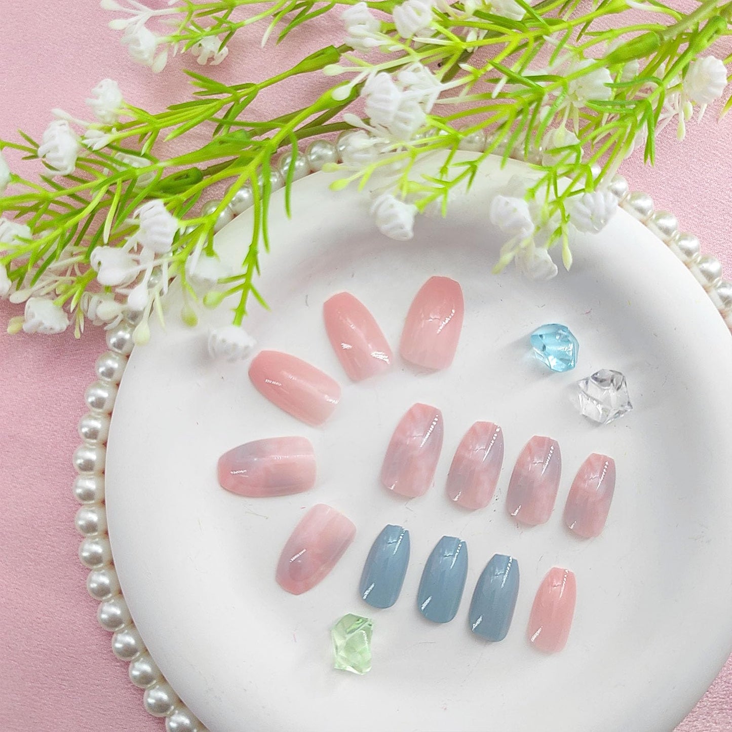 Short Press on Nails Coffin Fake Nails with Marble Designs Pink Nails Press ons Spring Summer Glue on Nails Glossy Acrylic Nails Blue False Nails Daily Wear Natural Stick on Nails for Women 24Pcs