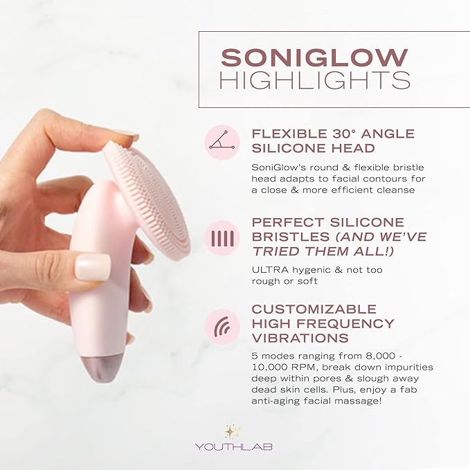 SoniGlow, Pink, Silicone Facial Skin Cleansing Brush, Electric, Vibrating, Scrubber, Hygienic, Exfoliation, Massage, Firm, Tone, Blackheads, Pores, Waterproof, Rechargeable, Makeup Removal
