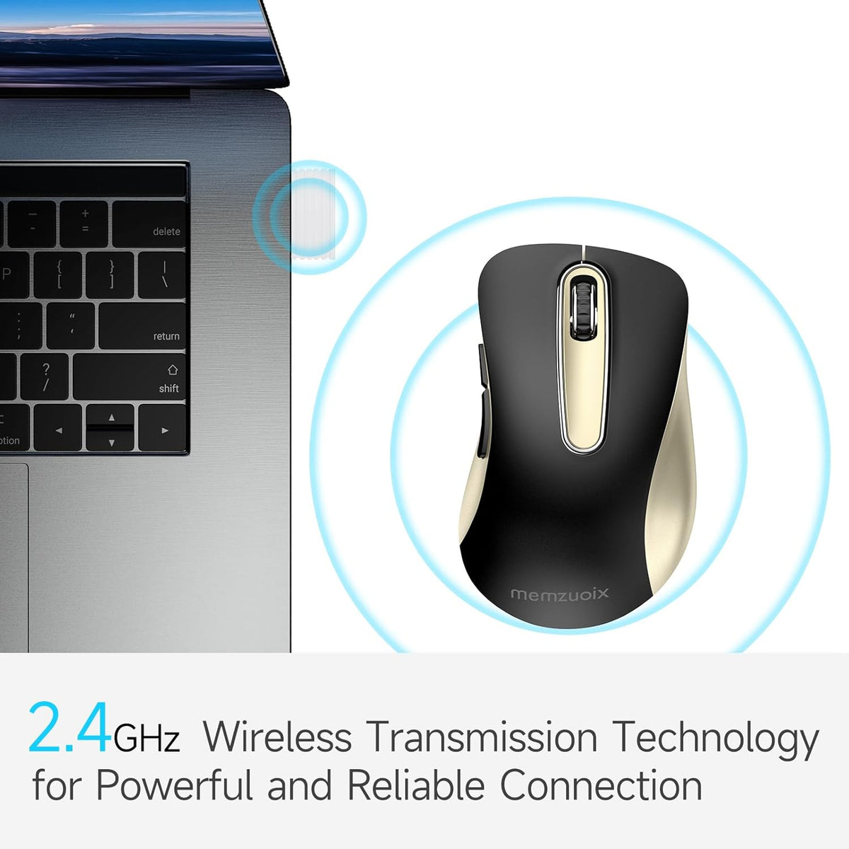 memzuoix 2.4G Wireless Mouse, 1400 DPI Computer Mice with USB Receiver, Portable Wireless USB Battery Powered Cordless Mouse for Laptop, PC, Desktop, 5 Buttons (Black Gold)