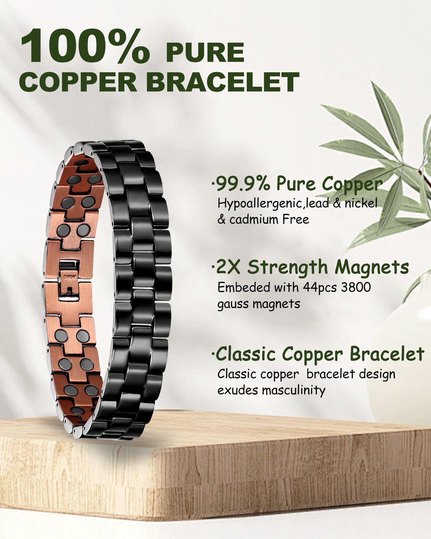 MagEnergy Mens Copper Magnetic Bracelets & Lymphatic Drainage Ring, 99.9% Pure Copper Bracelet with Double-Row Strength Magnets, Adjustable Jewelry with Sizing Tool