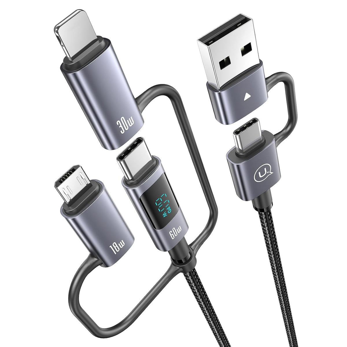 Multi Charger Cord 6 in 1 USB Cable Fast Charging Cable - PD 60w USB c Multi Fast Charging Cable with Led Display - 6 ft USB C/A to Type C/Phone/Micro Charger Cable Com patible with Phone/Laptops