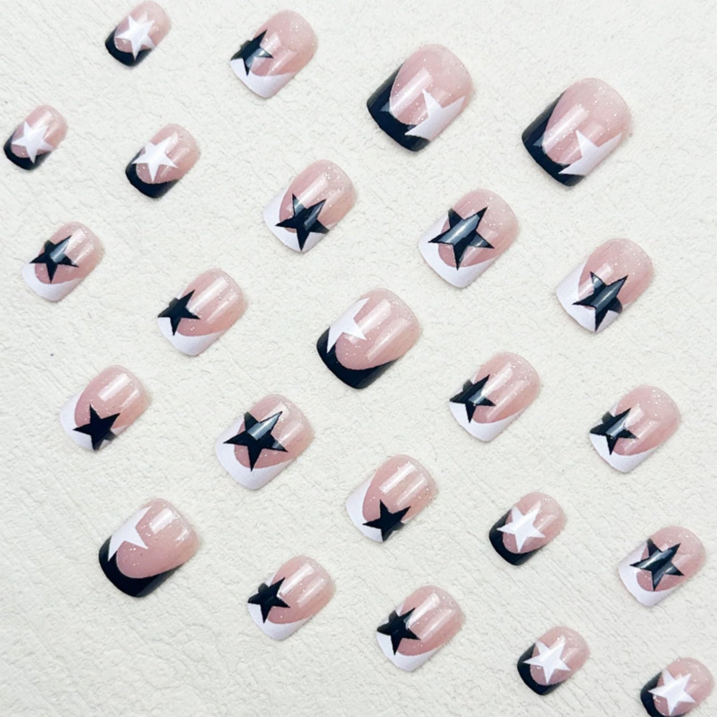 IMSOHOT Press on Nails Short Square Fake Nails Black White French Tips False Nails with Cute Star Designs Full Cover Glitter Artificial Glue on Nails for Women DIY Nail Art