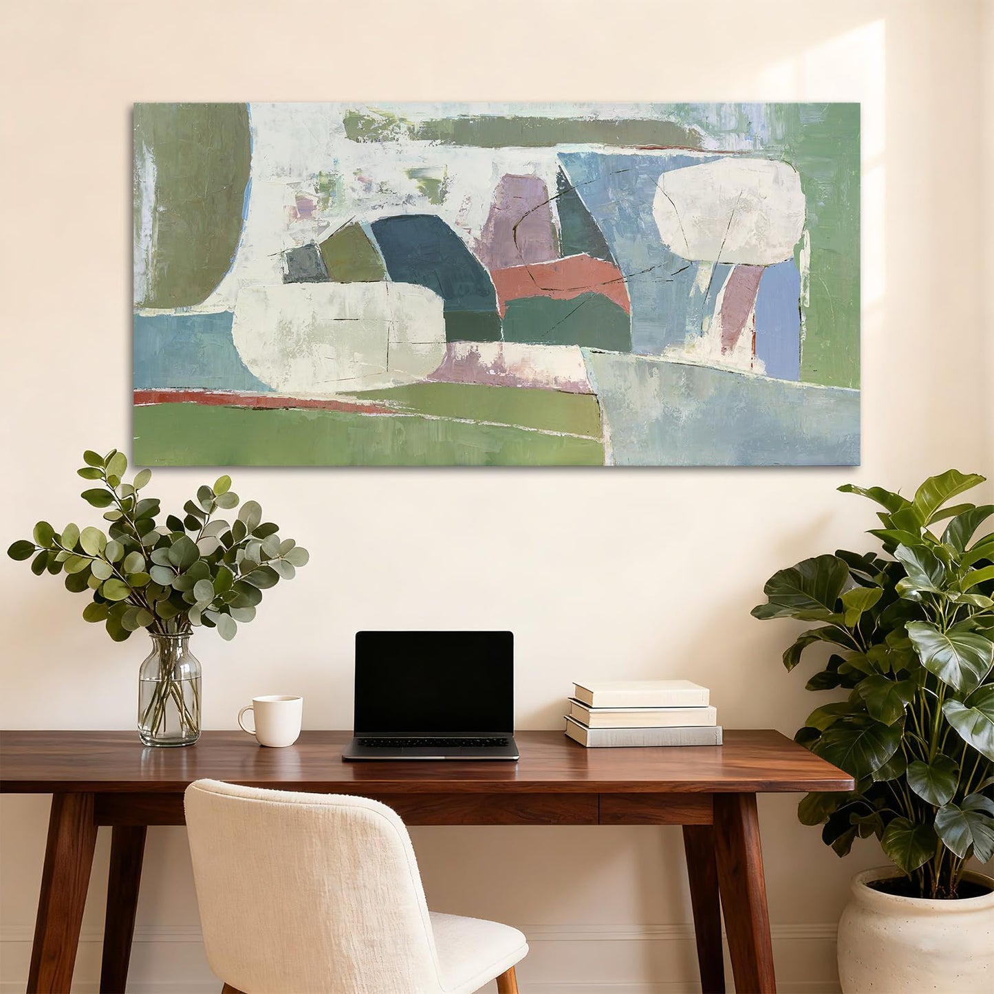 YETHEN WAL Sage Green Abstract Wall Art – 20×40 Minimalist Canvas Print, Soft Olive & Mist Blue Artwork for Living Room, Bedroom or Entryway Decor