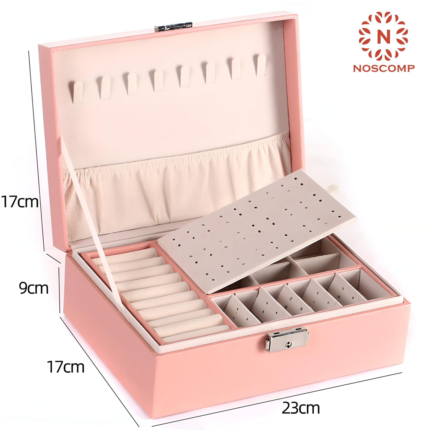 NOSCOMP Faux Leather Organizer Box, Jewellery Organiser, Storage Bag For Necklace: Earrings: Rings: Bracelet, Portable Storage Box Case With Dividers (Pink)