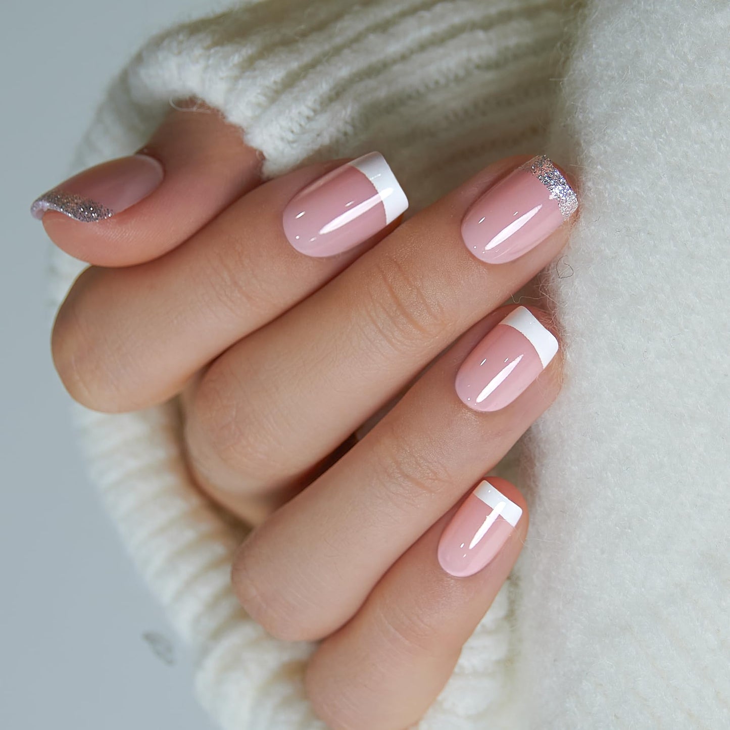 Curvlife Press On Nails Short Square Pink - Glitter Fade French Tip Press on Nails with Glue, Silver Glitter Gradient Glossy Nude Pink Fake Nails Long Lasting False Nail Tips for Women