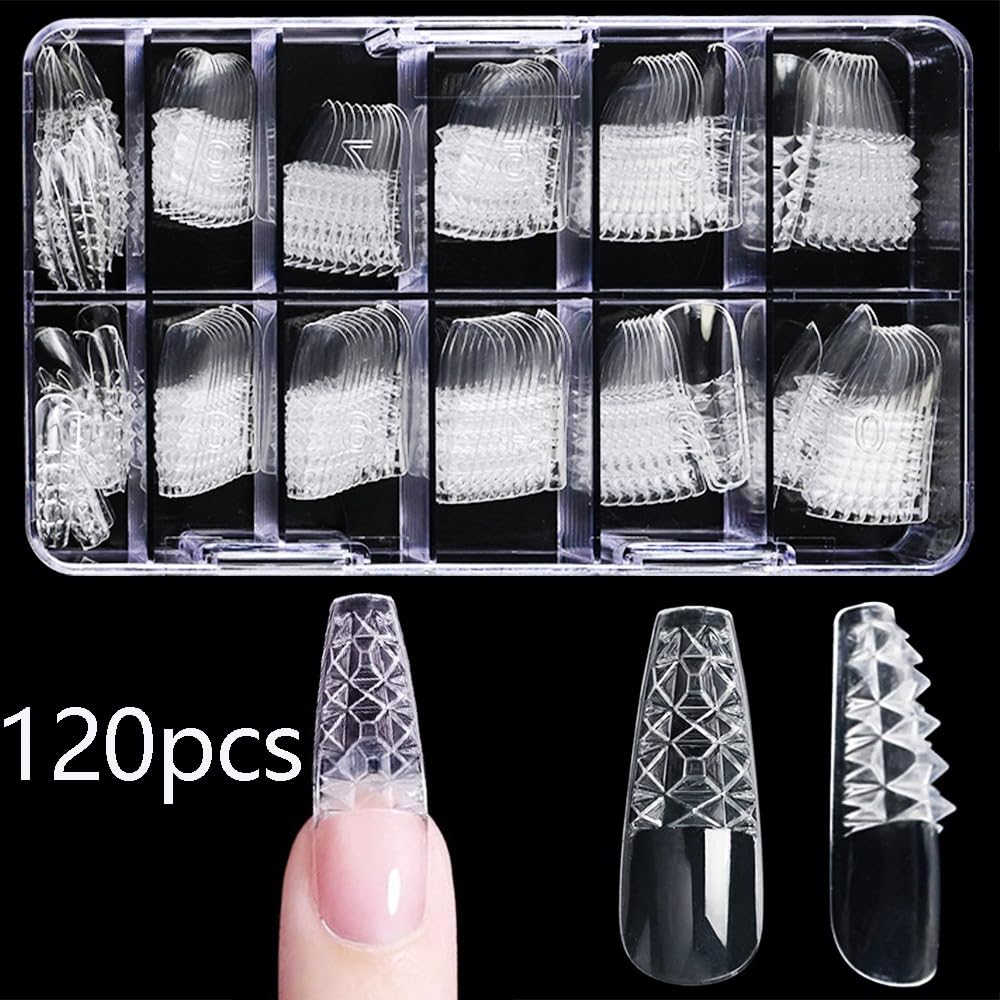 Chunmeng 120 Pcs Glitter Coffin Press On Nails, Clear Lace Mesh Design Long Acrylic Fake Nails, Gradient French False Nail Tips, Reusable Gel Stick On Nails For Women DIY Manicure Salon Nail Art