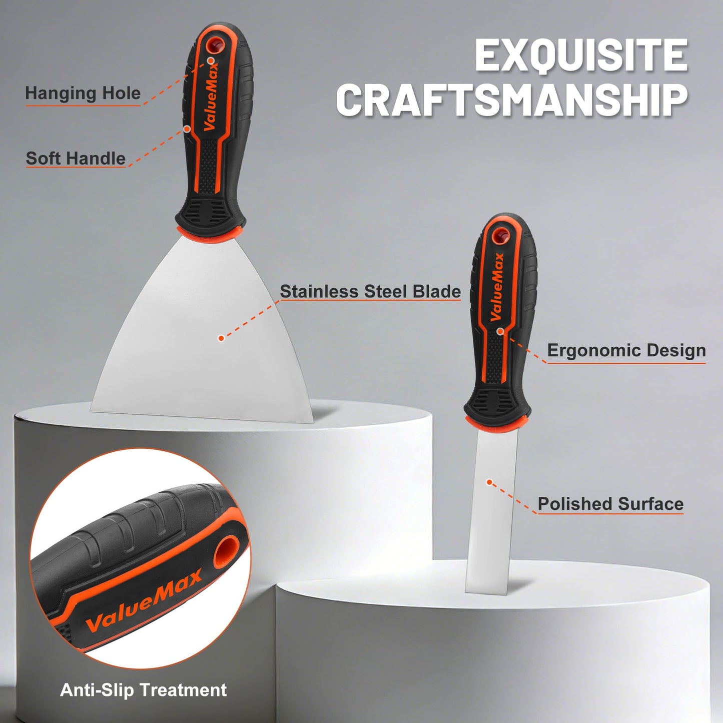 VALUEMAX Putty Knife Set, 6PCS Stainless Steel Paint Scraper Tools, Spackle Knives for Repairing Drywall, Scraping, Removing Wallpaper, Applying Mud, Plaster and Adhesive(1”, 1.5”, 2”, 3”, 4”, 5”)