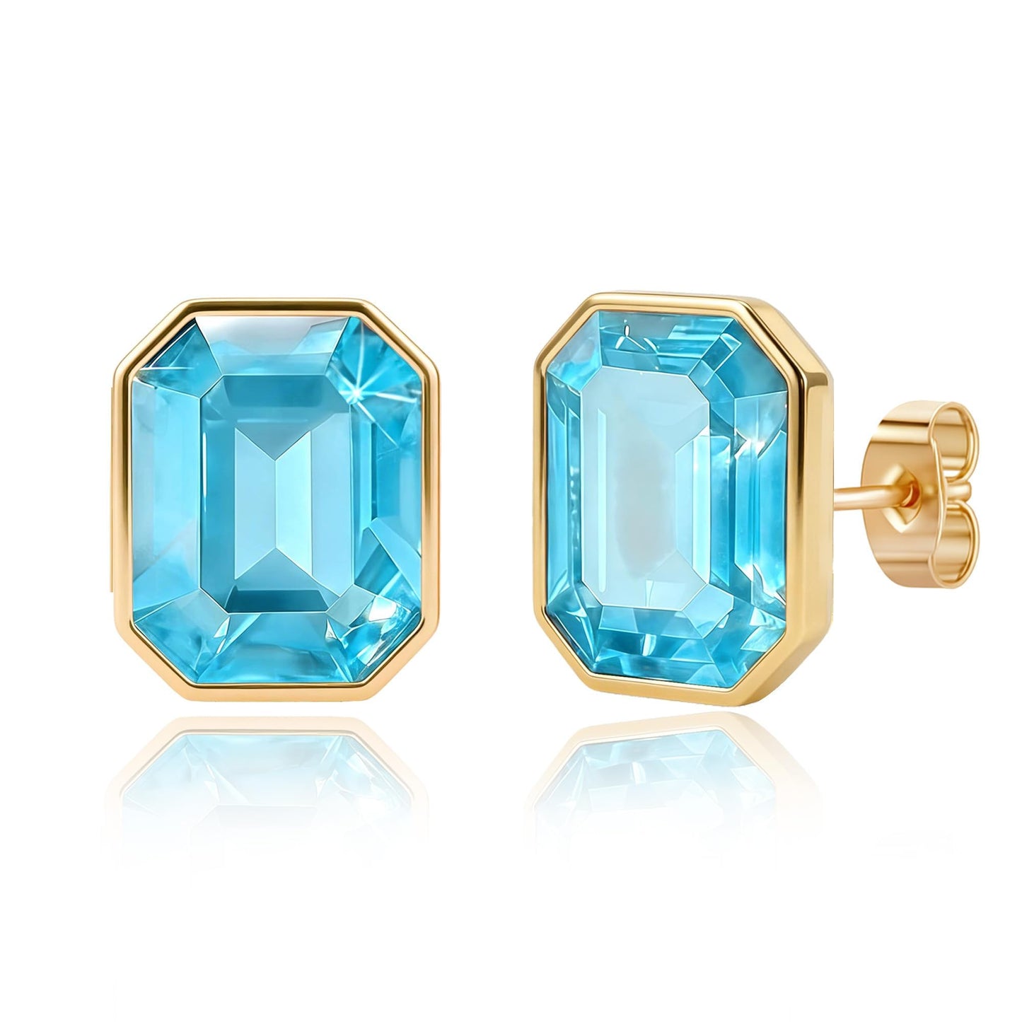 Austrian Crystal Octagon Stud Earrings for Women Fashion 925 Sterling Silver Post Hypoallergenic Jewelry (Blue Zircon)