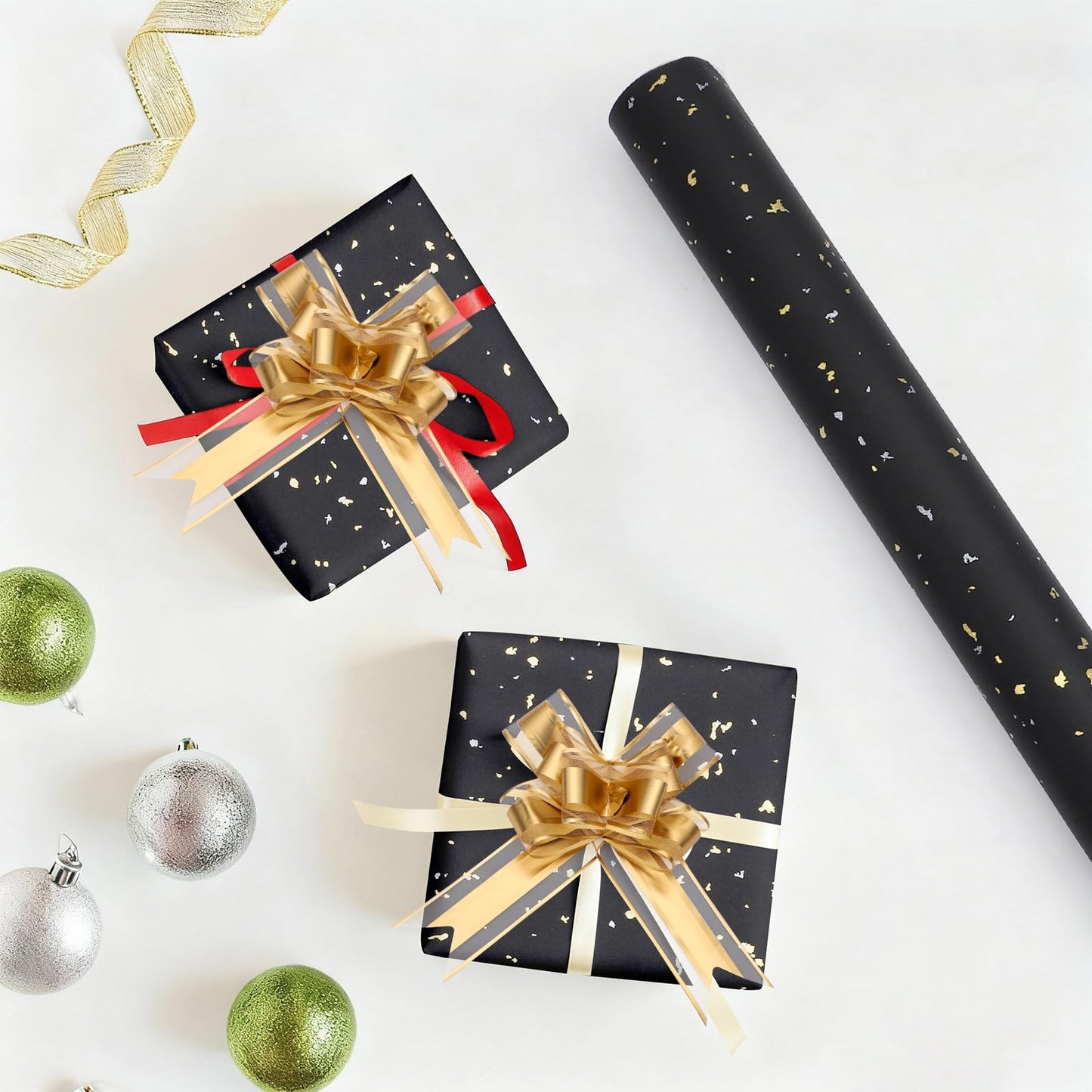 EUSOAR Gift Wrap Paper, 3 Rolls(17 in x 10ft Each) Red/Black/White Wrapping Paper with 10pcs Gold Pull Bows, DIY Gifts Wrapping Paper Crafts Bouquet Packaging Supplies for Wedding Birthday Party