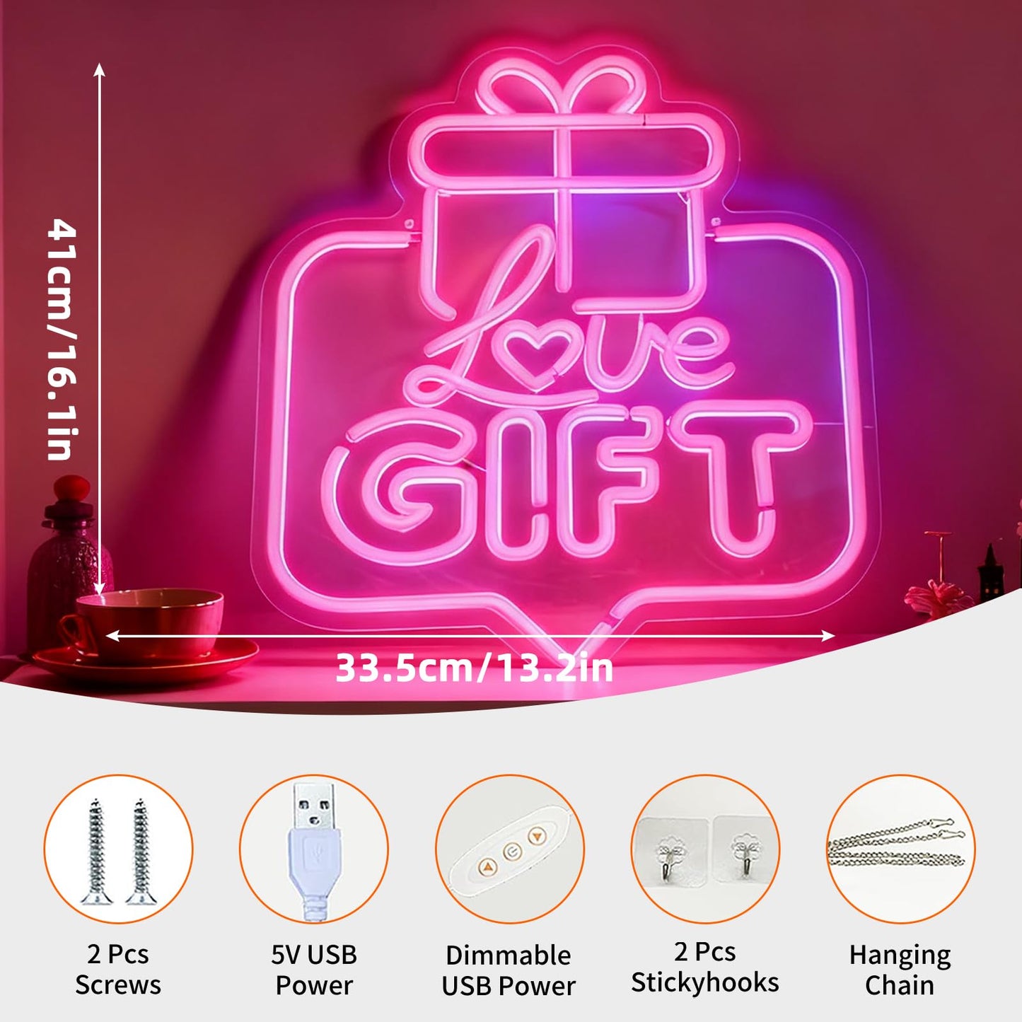 Love Gift Pink LED Neon Sign, Present Box Shape Neon Decor, USB Powered Decorative Neon Light for Gift Shop Signage Retail Store Display Party Event Bedroom Wall Table Accent 16.1 x 13.2 In