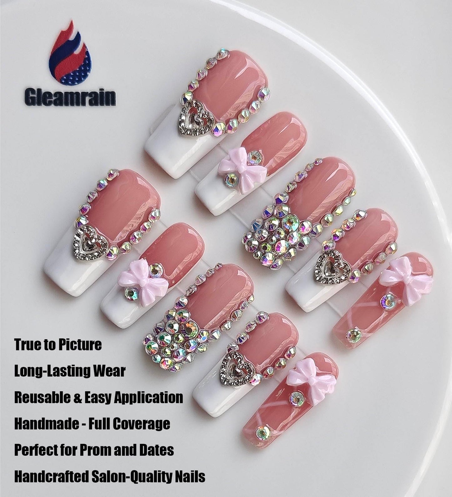 Gleamrain 10pcs Handmade Long Press-on Nails Coffin Shape (M Size) with 3D bow Designs Rhinestones Press on False Nail for Women Suitable for Parties or Daily Wear, D102