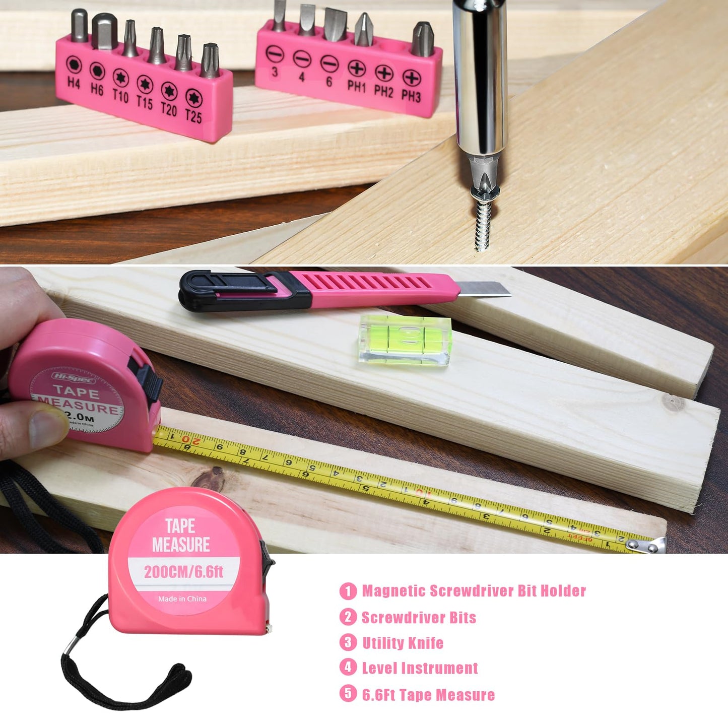 ZUZUAN Tool Set 25pc Pink Household DIY Tool Kit for Women,Small Mini Tool Box for Easy of Carrying, Starter Basic Ladies Tools Perfect for DIY, Home Maintenance