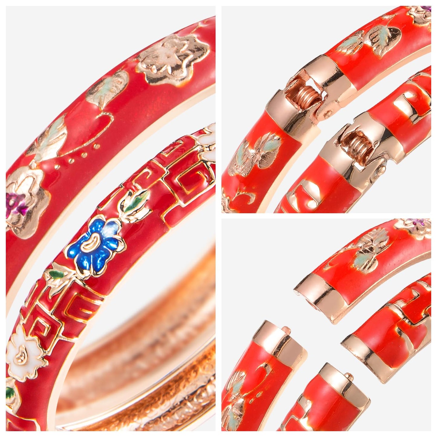 UJOY Bangles Bracelets Gorgeous Enameled Flower Cloisonne Plated Indian Jewelry Sets Box for Womens Gift 55A87-55A114 red