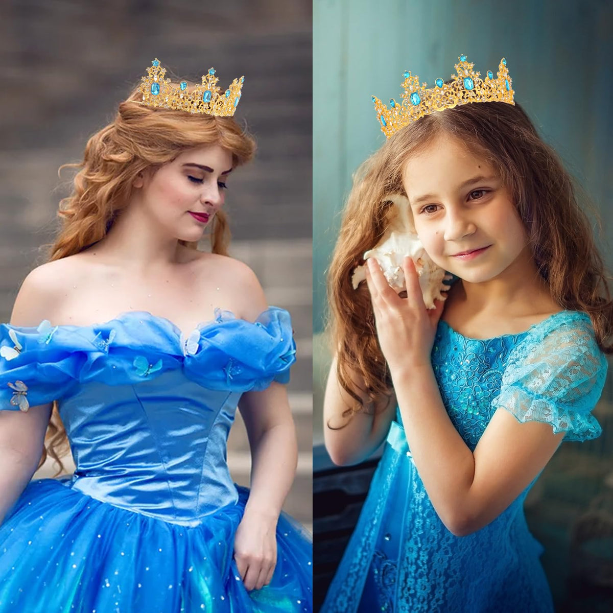 Didder Aqua Blue Gold Princess Crown Birthday Tiara Prom Queen Tiaras and Crowns for Women and Girls Halloween Costume Headpiece Hair Accessories