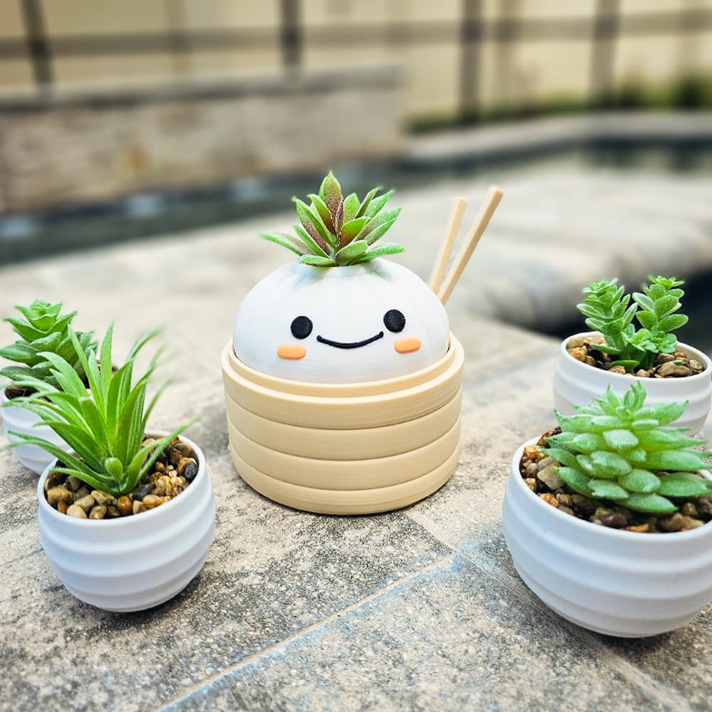 Mivi Collection Kawaii Dimsum Succulent Plant Pot, Cute Dumpling Desk Planter, Mini Bamboo Basket, Small Office Gift, Asian Food Decor, Unique Gift Idea