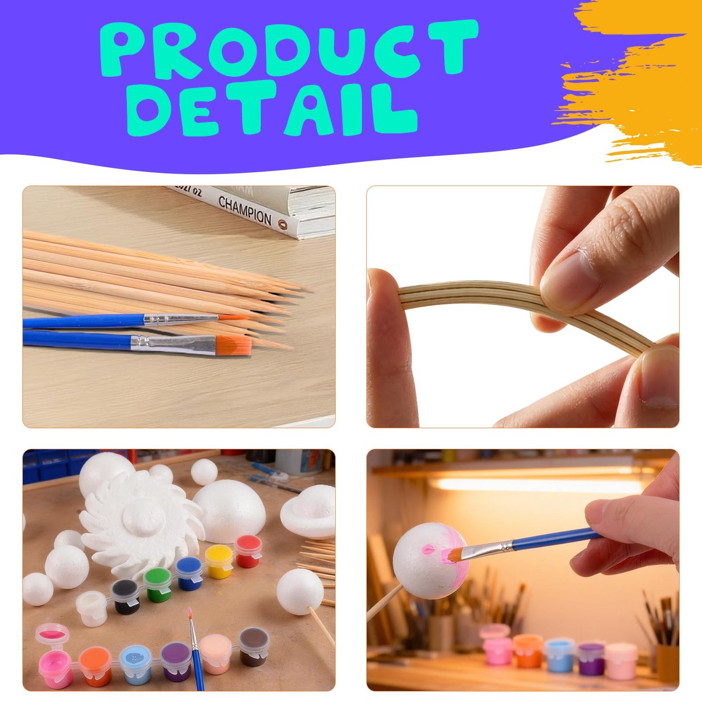 Solar System Model Foam Ball Kit, Planet Model Crafts Includes 14PCS Mixed-Sized Balls, 12 Color Pigments, 12PCS Long Sticks, 2PCS Painting Brushes for School Classroom DIY Projects, Science Projects