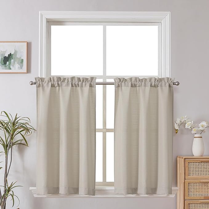 Chyhomenyc 24 Inch Length Tier Curtains, Faux Linen Textured Light Filtering Short Small Cafe Curtains for RV Camper Bathroom Window, 30x24 Inch, 2PCS, Moon Beige