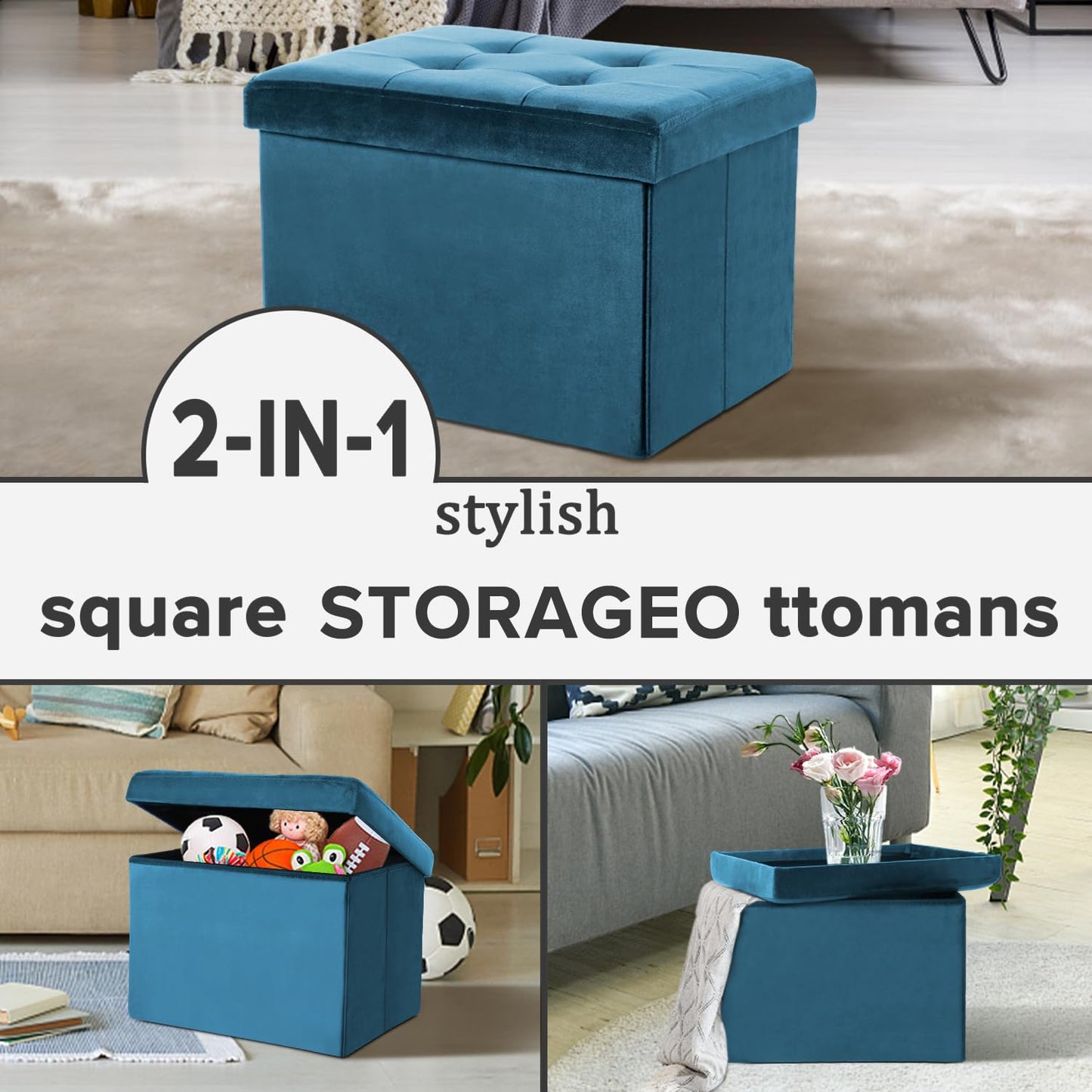 LINMAGCO Storage Ottoman Folding Foot Stool Velvet Foot Rest with Padded Modern Ottoman with Storage for Living Room Puppy Step Stool 17x13x13in(Blue)