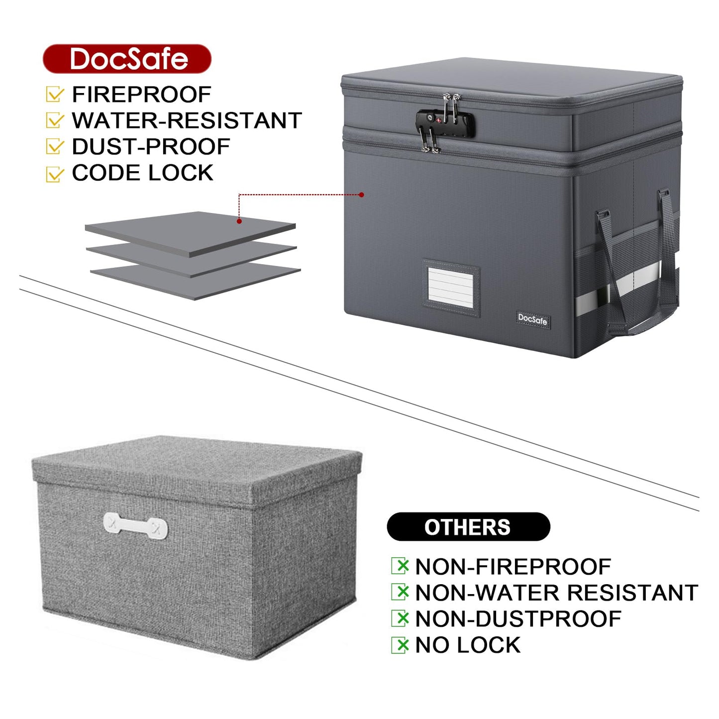 DocSafe File Box with Lock,Multi-Layer Fireproof Document Box Collapsible File Storage Organizer with Pockets/Handle,Large Portable Home Office Filing Box for Hanging Letter/Legal Size Folders,Gray