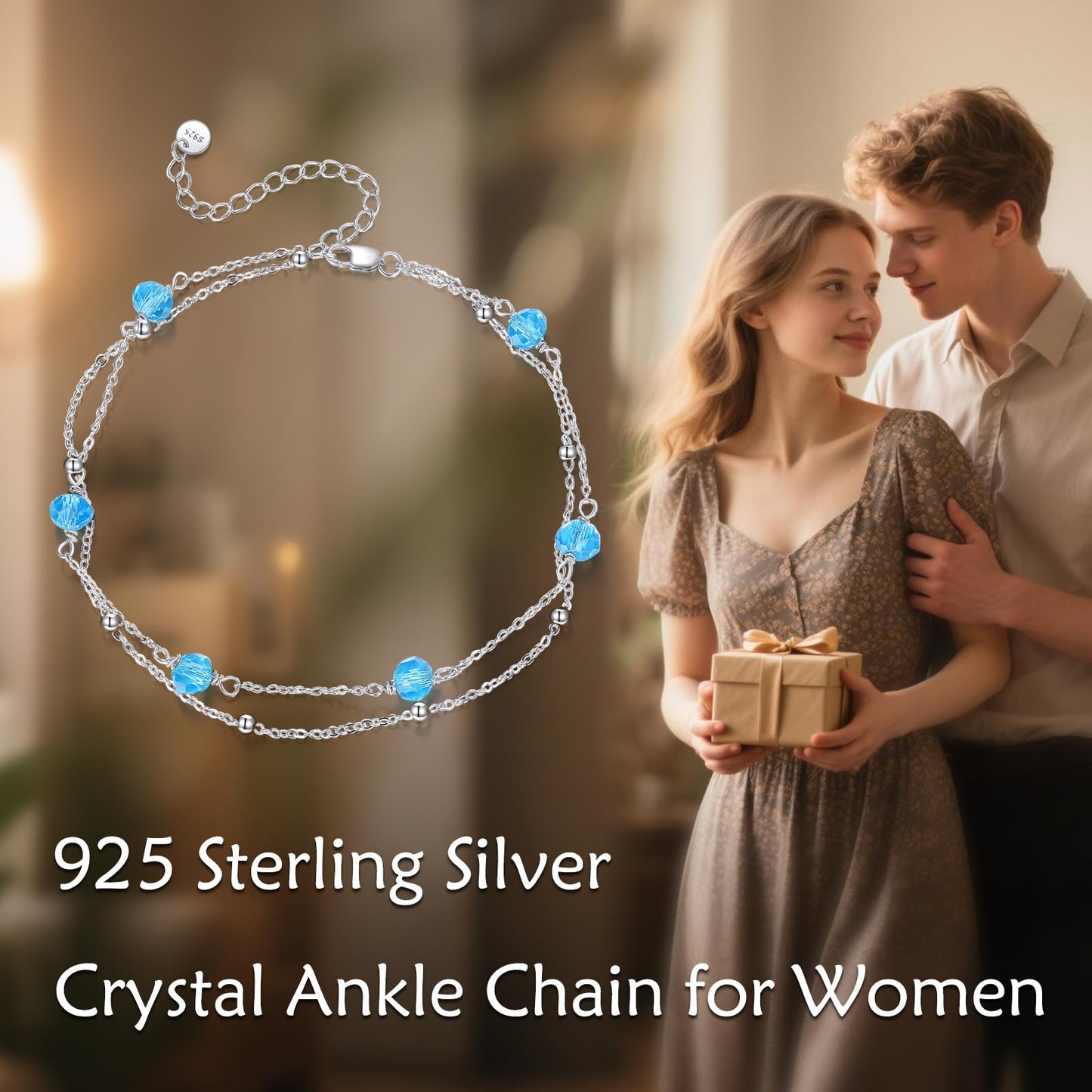 CRMAD March Birthstone Anklet Anklet for Women Sterling Silver Beach Jewelry Gift for Women (mar, anklet 9+2'')