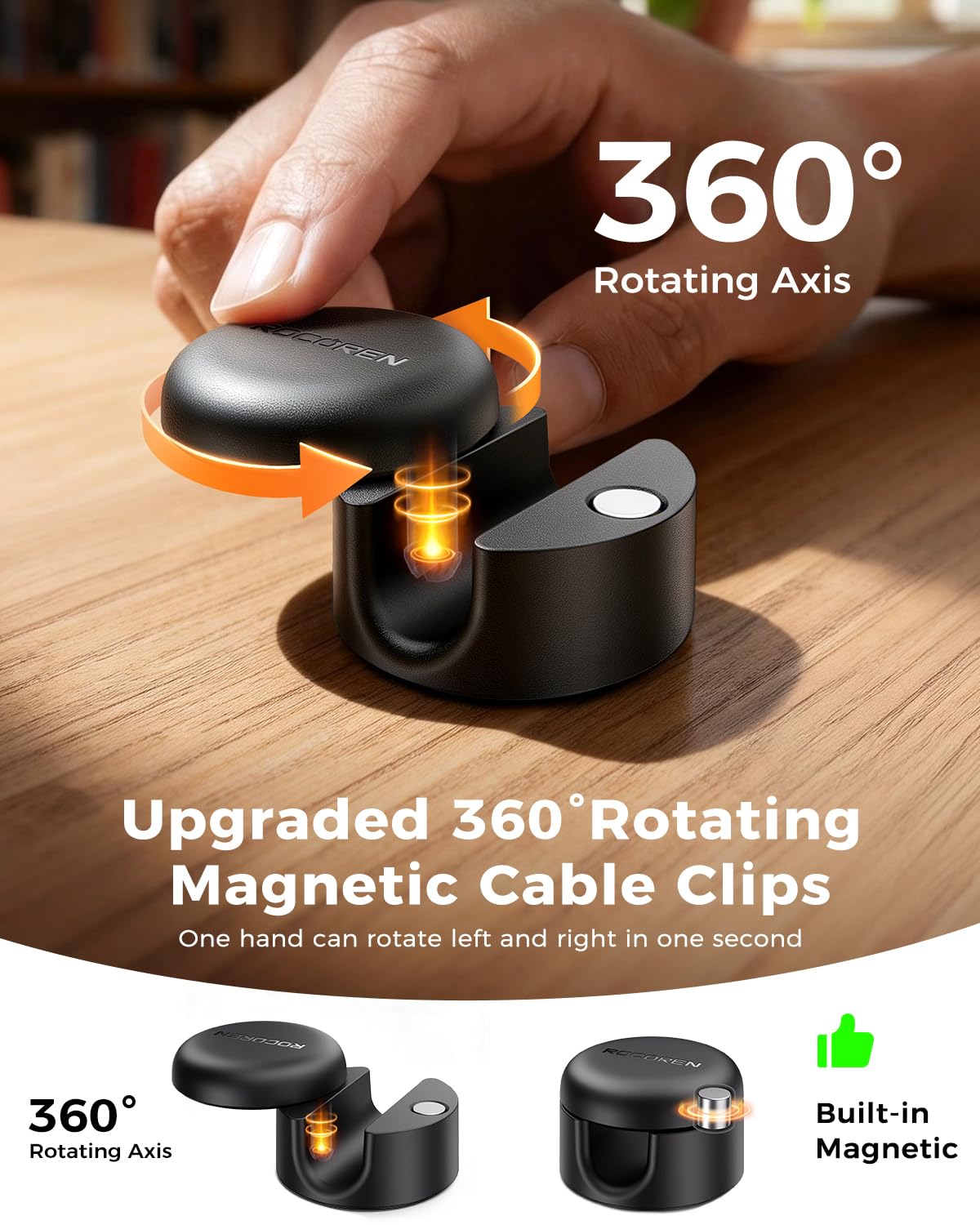 9-Pack Cable Clips [Upgraded],Rocoren Magnetic 360° Rotatable Cord Holder, Adhesive Cable Management Organizer,Wire Keeper for Nightstand Desk Car Phone Wall Home Office Accessories