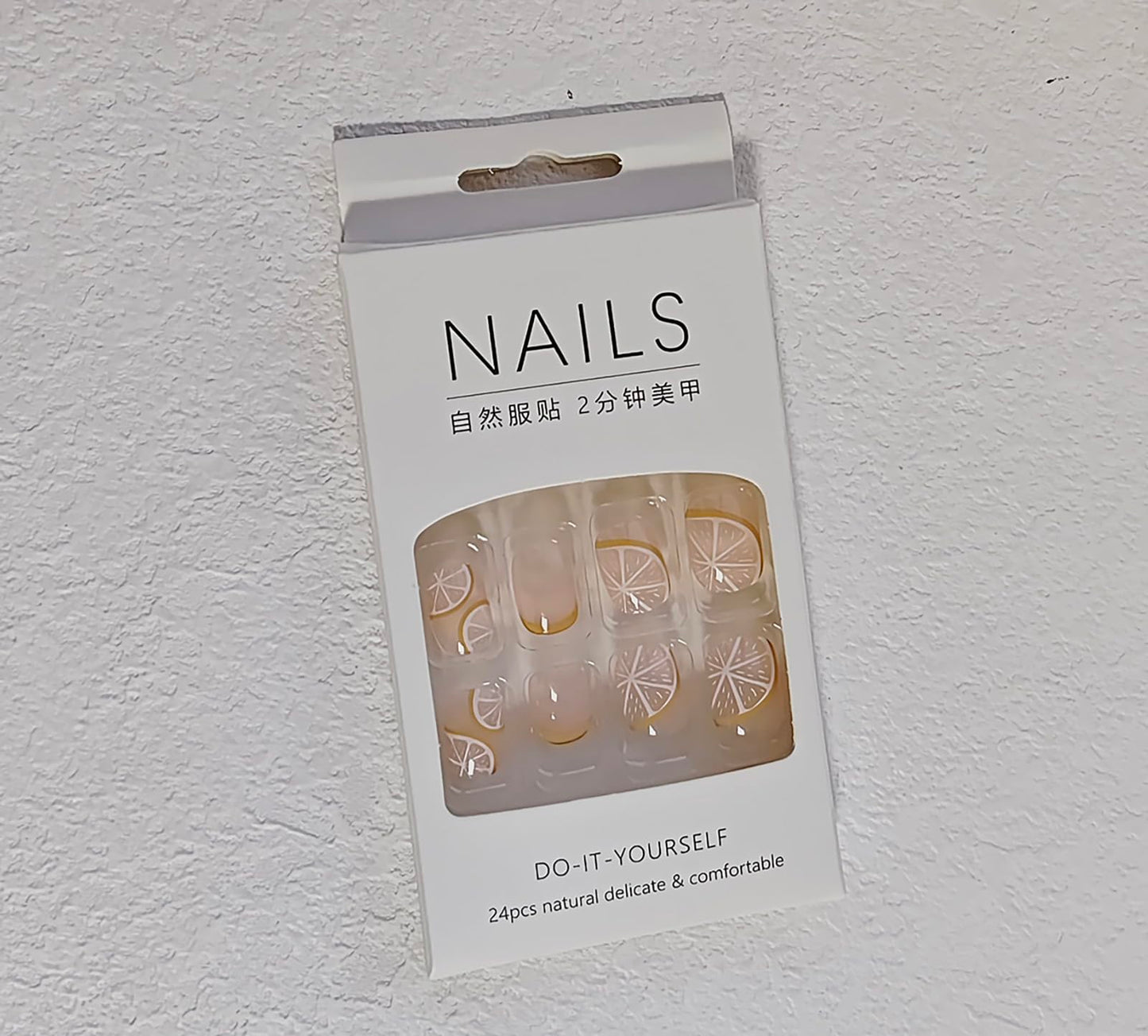 Rilafuvu French Press Nails - 24Pcs Yellow Nude Acrylic Fruits Lemon Designs with Glossy Stick-on Short Artificial Nails