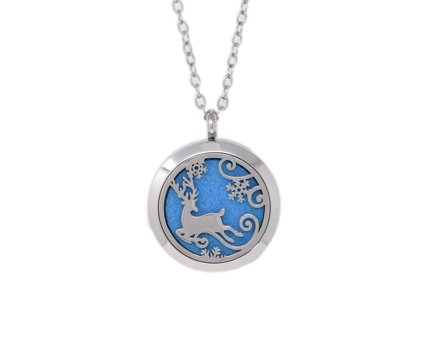 Aromatherapy Essential Oil Diffuser Stainless Steel 30MM Silver Magnetic Locket Pendant 2 Sizes Chain Necklace, Refill Pads & Diffuser Bracelet in a Velvet Bag (Flying Winter Deer)
