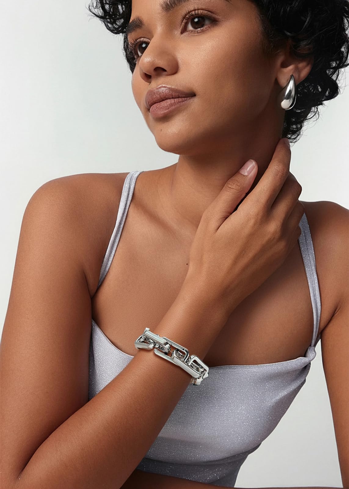 WOWORAMA Silver-Plated Chunky Chain Bracelet for Women Trendy Stretch Square Link Bracelets Paperclip Chain Bracelets Thick Chunky Statement Bracelet