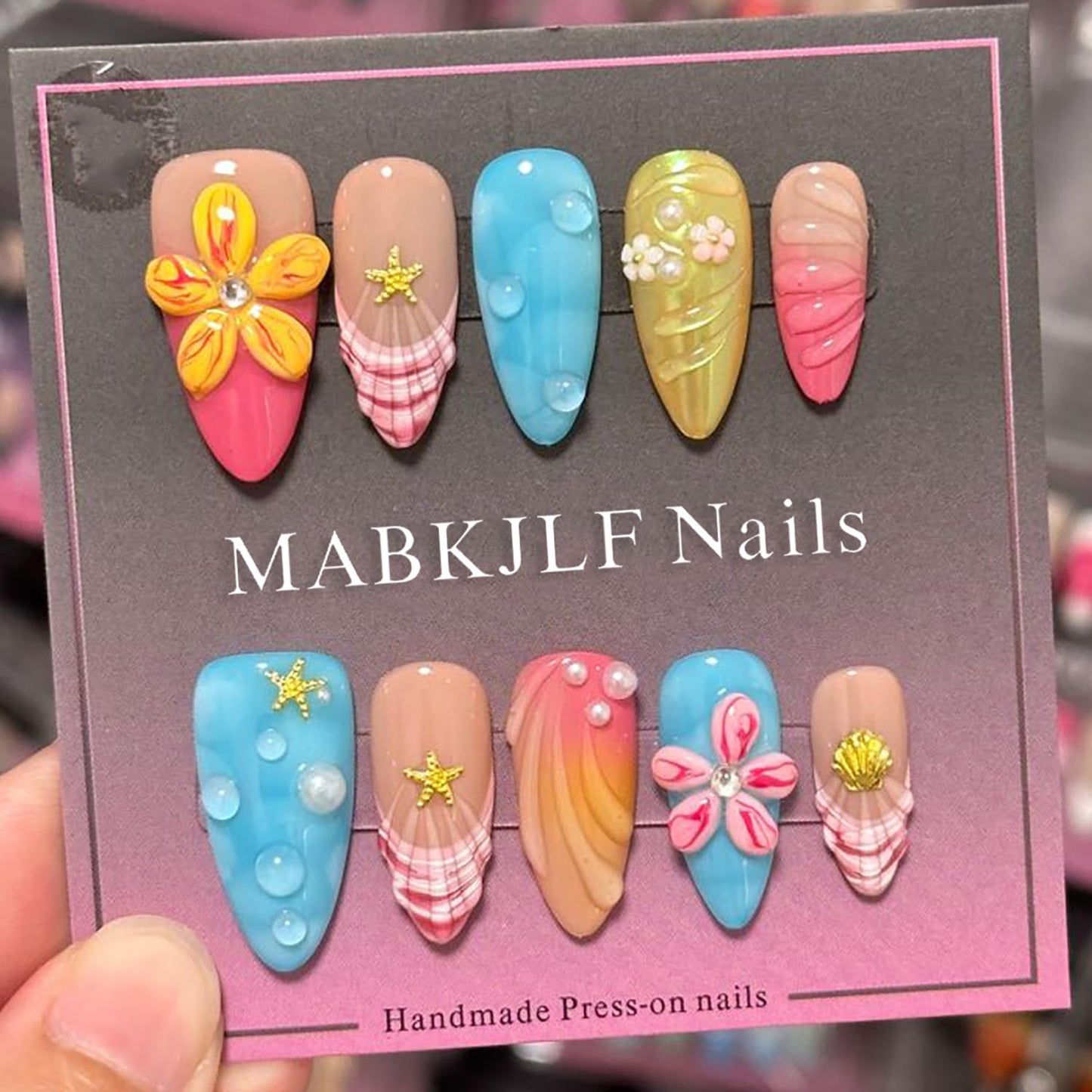 Luxury Press on Nails Medium Almond Handmade 3D Unique Reusable ABS Material Fake Nails French Tip False Nails with Designs Flower Hawaii Ocean Art Petal Glossy Glue on Nail Thick Acrylic Nail(S)